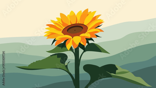 flat design sunflower blooming tall in a serene landscape with rolling green hills and soft sky conveying peace.