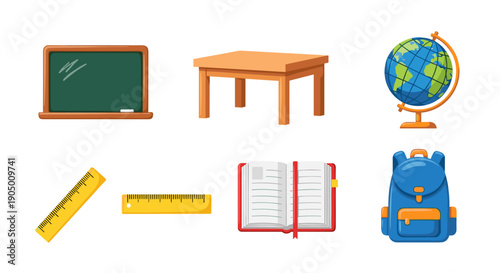 A set of school supplies and furniture on a including a globe and backpack
