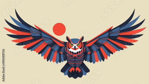 geometric stylized owl flying spread wings vibrant red and blue simple background red sun wisdom freedom strength.