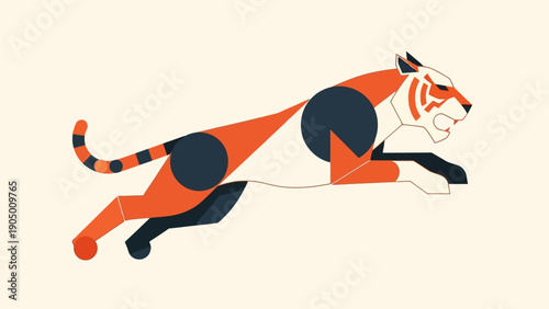 geometric tiger illustration leaping abstract design with bold orange white and dark blue shapes perfect for modern graphic design branding.