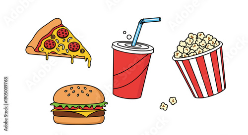 Colorful fast food icons including pizza, hamburger, soda, and popcorn on a for menu or advertising use