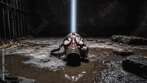 Astronaut lying in muddy puddle with light beam on helmet.