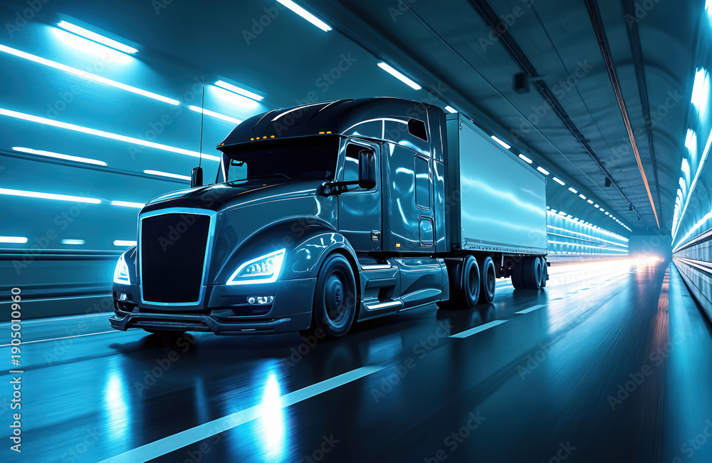 Fototapeta premium Sleek future truck moves through neon tunnel at night. Futuristic electric transport concept. Clean energy auto logistics, eco freight journey.