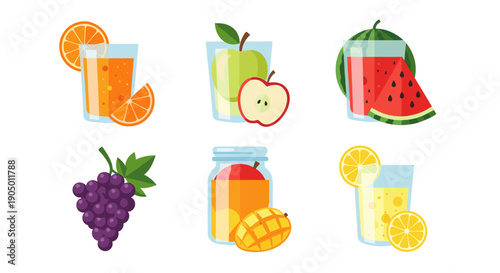 Colorful illustrations of various fruit juice pouches and fresh fruits