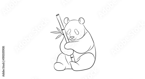 A cute panda bear holding a bamboo stalk and leaf in a sitting position
