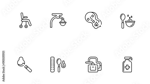 medical line icons collection featuring essential healthcare equipment patient care and assistive devices for health and wellness.
