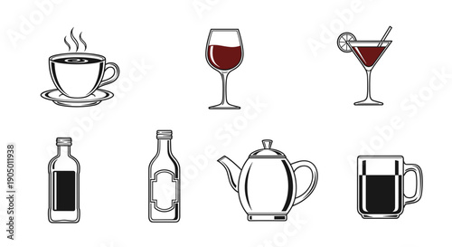 A set of various drinkware and beverage icons including coffee cup and glasses