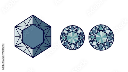 stylized blue faceted gemstones vector graphic showing a hexagonal and two round brilliant cut diamonds for luxury jewelry design.