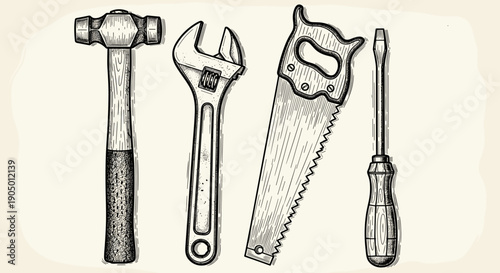 Vintage illustration of various hand tools on a beige background