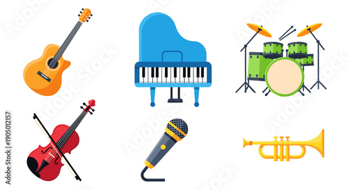 A colorful illustration of various musical instruments on including guitar, piano, drum, violin, microphone and trumpet