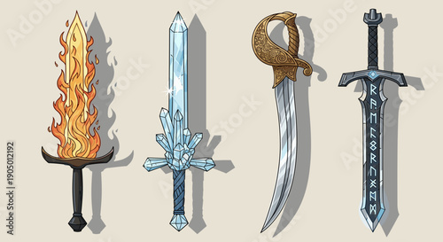 Four fantasy swords with different designs and colors on a beige background