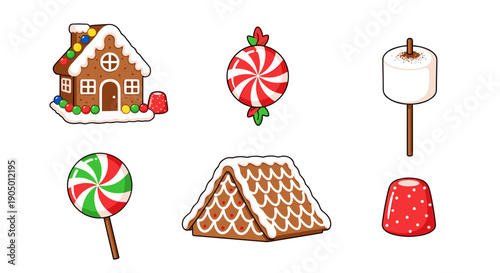 Colorful christmas candies and sweet treats including gingerbread house
