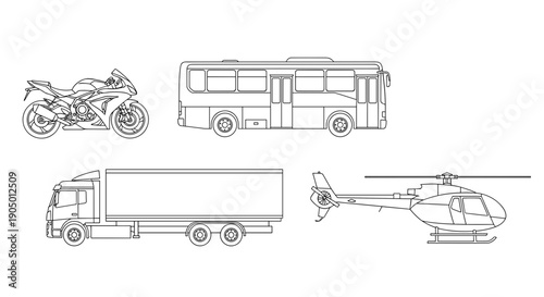 Vector illustration of various transportation vehicles including a motorcycle, bus, truck, and helicopter