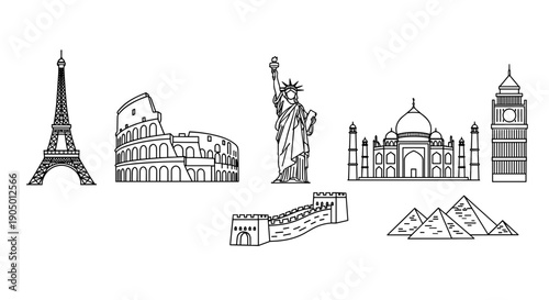 Black and white line art illustration of famous landmarks around the world