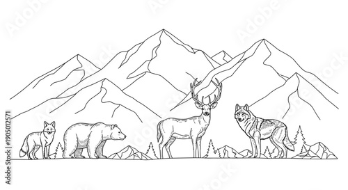 Line drawing of animals in front of mountains with a pure