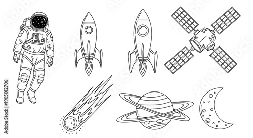 Black and white line drawing of astronaut and various space objects