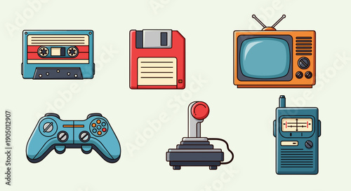 Retro gaming and technology icons including a cassette tape, floppy disk, old television, game controller, joystick, and walkman on a light green background