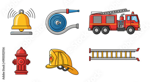 Collection of firefighting icons including bell, hose, truck, hydrant, helmet, and ladder