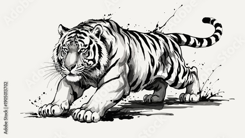 a powerful black and white tiger in a dynamic crouching pose rendered with bold artistic ink strokes and splatters embodying fierce wild strength for modern branding