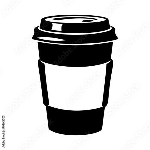 a simple black and white vector graphic of a disposable coffee cup with lid and sleeve perfect for cafe branding drink icons and web design.