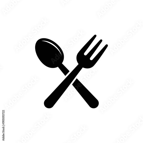 a sleek black spoon and fork icon expertly crossed in x shape symbolizing food service culinary arts restaurant branding.