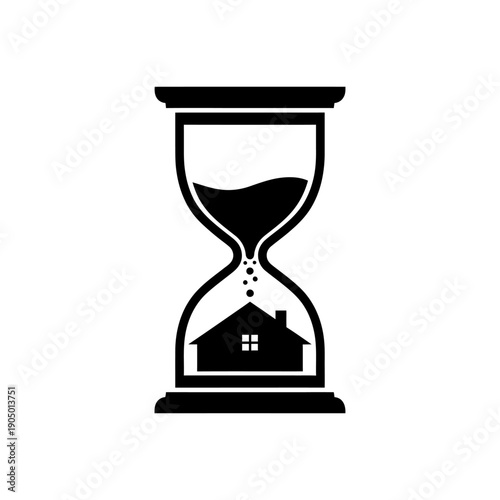 an hourglass with sand flowing onto a house silhouette symbolizing time running out for real estate and housing market decisions.