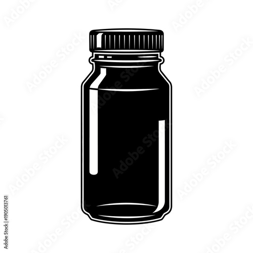 black and white graphic illustration of a medicine bottle with ribbed cap containing liquid ideal for pharmaceutical packaging and health content.