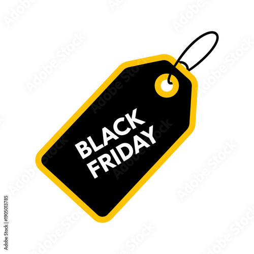 black friday sale tag graphic featuring white black friday text on a sleek black label with a bright yellow border ideal for advertising upcoming seasonal shopping discounts and retail promotions.