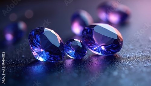 Several faceted tanzanite gems sit on dark surface with water droplets. Violet blue stones sparkle under soft light, reflecting purple pink hues. Luxury jewelry material, precious mineral discovery.