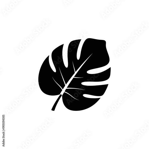 a stark black monstera leaf icon on a crisp white backdrop perfect for tropical design exotic decor and nature-inspired branding