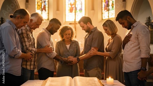 A group of people is praying in a church. Men and women stand in a circle holding hands at the altar with an open book, a ceremony in a Christian church.