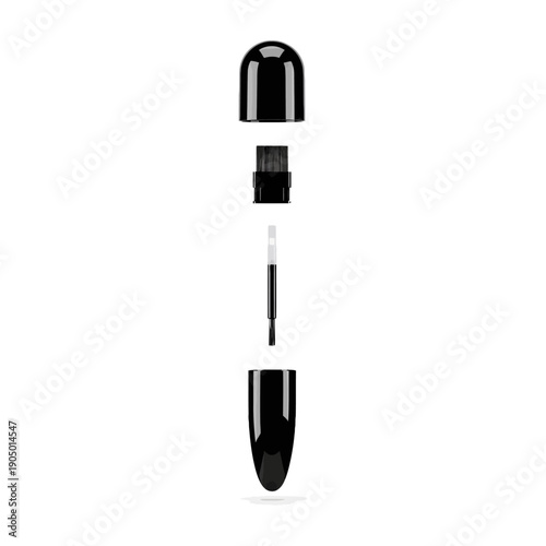 black cosmetic brush exploded view showing all disassembled components on a white background for product design and packaging.