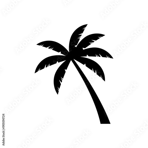 black palm tree silhouette leaning isolated on a white background conveying tropical summer vacation and beach holidays.