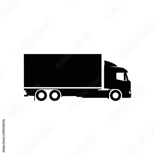 black semi-truck silhouette icon depicting efficient freight and goods transportation on a clean white background representing modern logistics and delivery services.