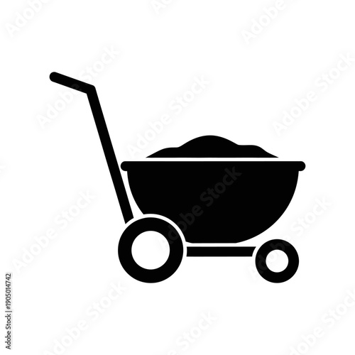 black silhouette garden cart filled with soil a simple graphic icon for landscaping construction material handling and diy projects.