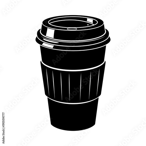 black silhouette of a disposable coffee cup with lid and sleeve vector graphic ideal for take away drink branding and cafe menus.