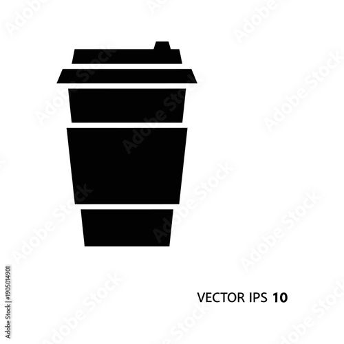 disposable coffee cup icon in black with lid and sleeve on white background ideal for cafe and beverage branding.