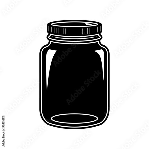 empty glass mason jar black silhouette with screw top lid isolated on a white background representing kitchen storage food preservation and sustainable homemade diy concepts.