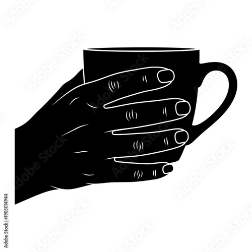 hand holding coffee cup black and white silhouette illustration a graphic icon symbolizing daily rituals and warm beverages.