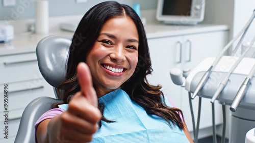 Asian woman gives thumbs up in dental chair. A smiling woman in a dental chair with a blue bib demonstrates satisfaction after treatment clinic with x-ray monitor, cabinets, dental instruments.