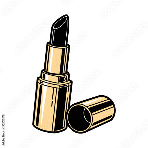 open golden lipstick with black tip and detached cap a bold illustration for beauty product and cosmetic marketing concepts.