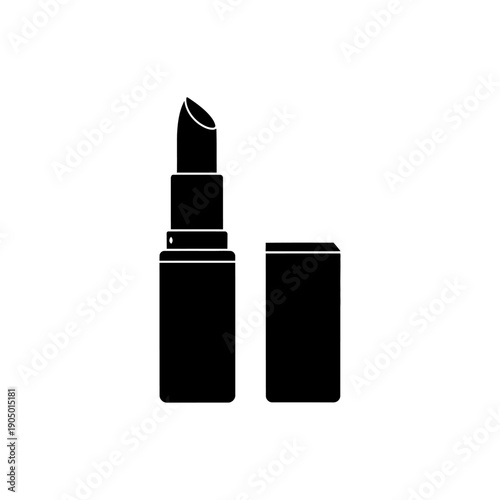open lipstick icon black silhouette with cap off revealing cosmetic product on white for beauty and makeup branding.