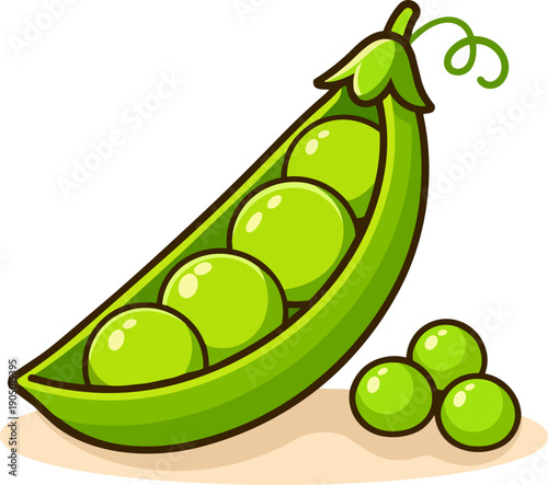 Flat green peas pod with peas, clean vector cartoon illustration isolated on white background.