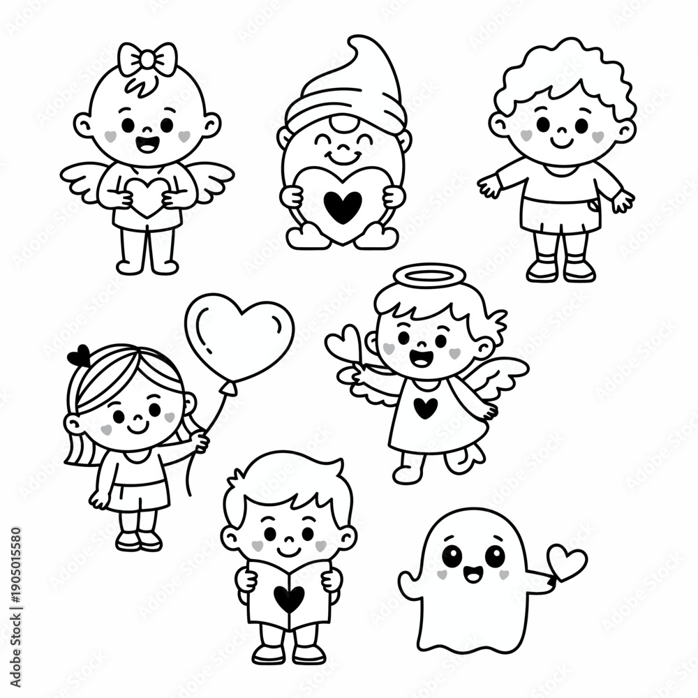 Fototapeta premium A collection of charming cartoon figures, including angels and a ghost.