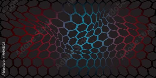 Abstract dark hexagon pattern on red neon background technology style. Modern futuristic geometric shape web banner design. You can use for cover template, poster, flyer, print ad. Vector illustration