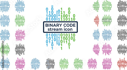 Binary Code Icon Set, Digital Data Stream and Cyber Security Flat Vector Illustration Isolated