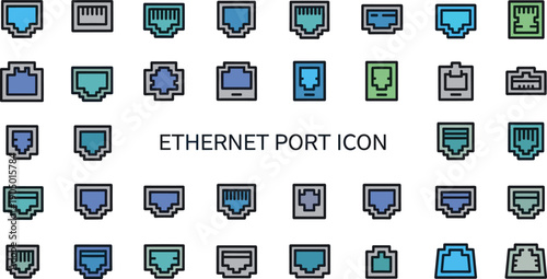 Ethernet Port Icon Set, Flat Line Vector Illustration of LAN Network Sockets and Internet Connectivity