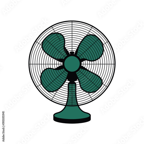 Classic electric oscillating desk fan provides necessary cooling.