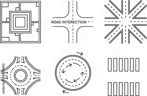 City Road Infrastructure and Traffic Navigation Icon Set, Thin Line Flat Vector Illustration