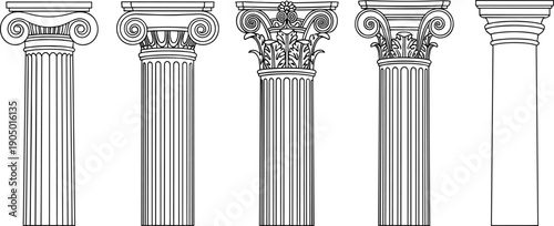 Classical Architectural Column Orders Vector Set, Flat Line Art Greek and Roman Pillar Icons